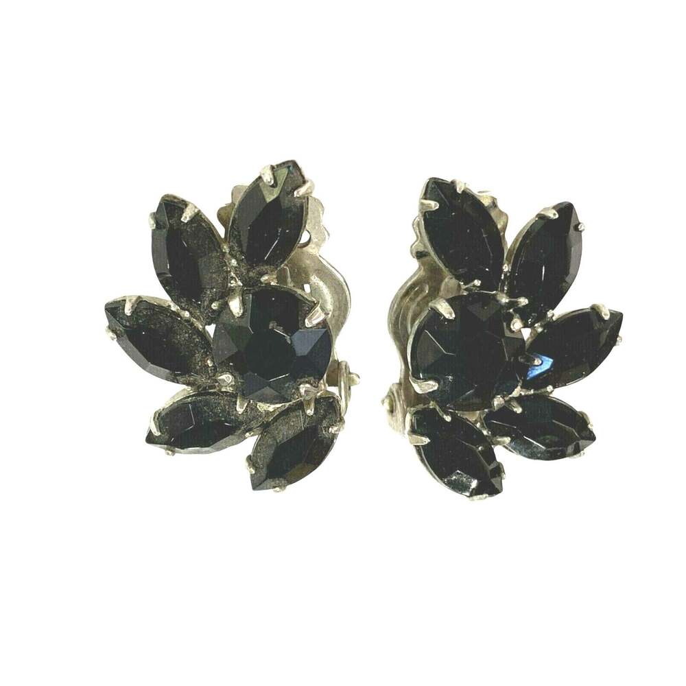 Vintage Black & Silver Clip On Earrings Mid Century Faceted Opaque Rhinestones